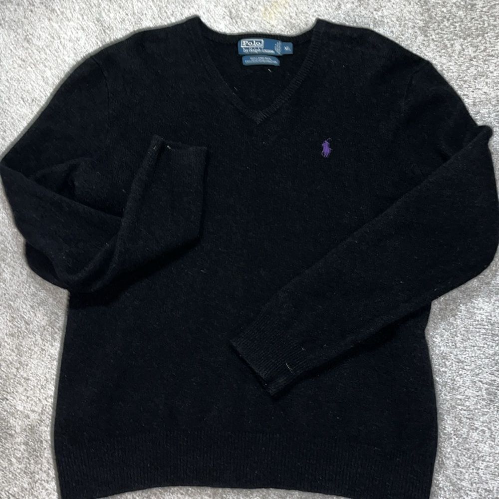 Polo by Ralph Lauren Lambswool 100% Lambs wool purple Pony V-Neck sweater XL/L